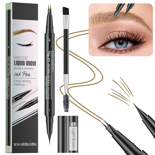 Microblading Eyebrow Pencil ,2-In-1 Dual-Ended Eyebrow Pen with 2-Fork-Tip ,Waterproof Eyebrow Pen, Light Brown,Brown,Dark Brown